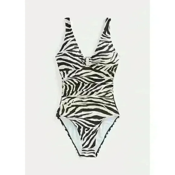 Lauren Ralph Lauren Womens 14 Zebra-Print Ring-Front One-Piece Swimsuit NWT $140 - Picture 2 of 4